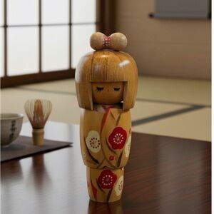 Handcrafted Wooden Kokeshi Doll - Brown and Red